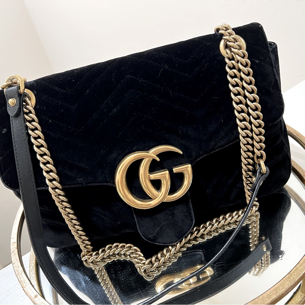 Gucci Black Velvet Marmont Matelasse Shoulder Bag Handbag